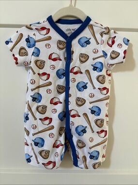 Little Me White Baseball-Print Baby One-Piece Romper 6M